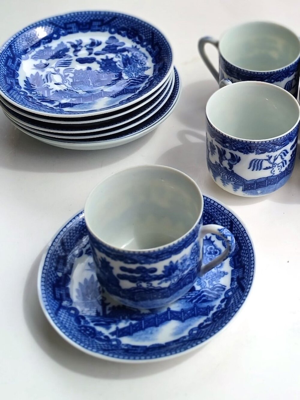 Blue Willow Cups & Saucers Japanese Eggshell Porcelain Lithophane Geisha Antique